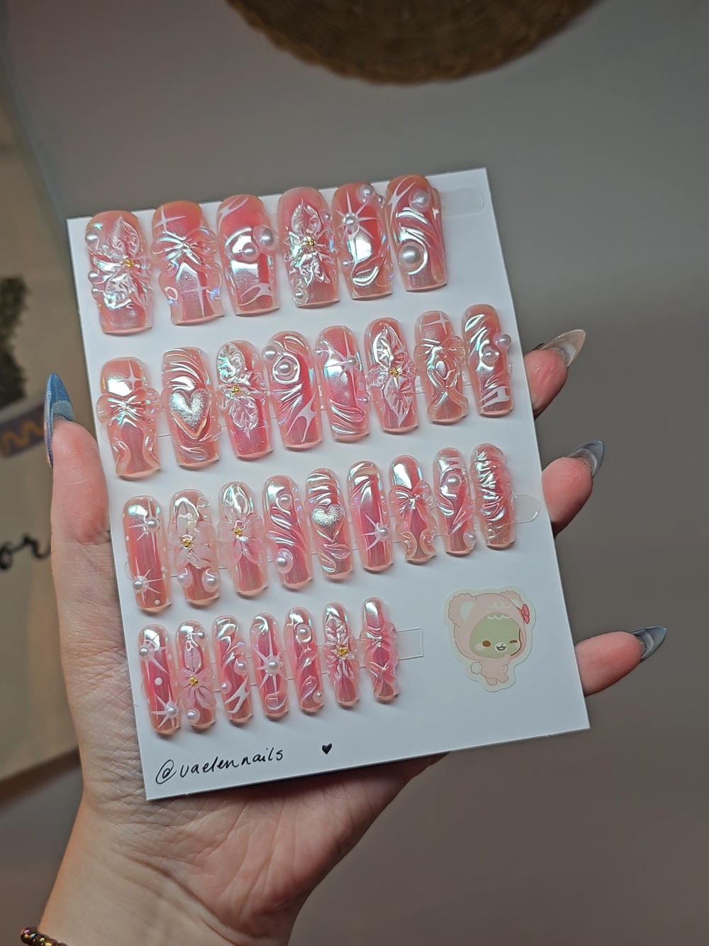 Pink Iridescent Chrome 3D HANDMADE Nails
